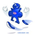 joyful blue cartoon puzzle piece character with an iMA logo on its chest, depicted floating with white gloved hands giving thumbs up gestures, against white background