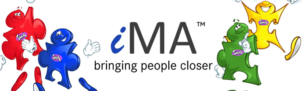 banner with central iMA logo & tagline bringing people closer flanked by 4 animated puzzle piece characters in red, blue, green & yellow, each with an iMA logo, depicted in lively, jumping poses