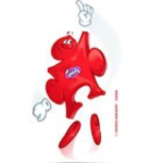 vibrant red cartoon character, shaped like irregular puzzle piece with an iMA logo on its chest, is depicted lightly jumping with 1 white gloved hand pointing upwards, against white background