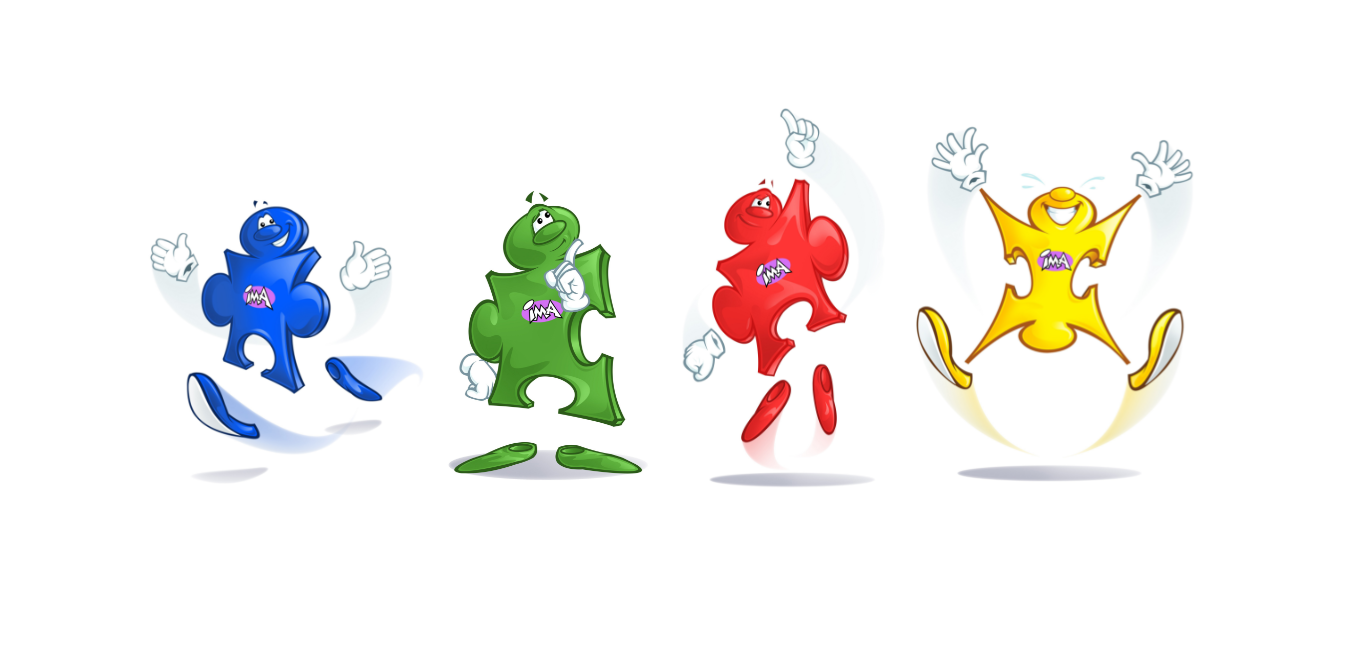 banner with central iMA logo & tagline bringing people closer flanked by 4 animated puzzle piece characters in red, blue, green & yellow, each with an iMA logo, depicted in lively, jumping poses