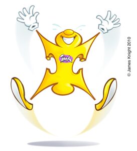 cheerful yellow cartoon character, shaped like an abstract puzzle piece with an iMA logo on its chest, is depicted mid-jump with arms raised & eyes closed in delight, against a white background